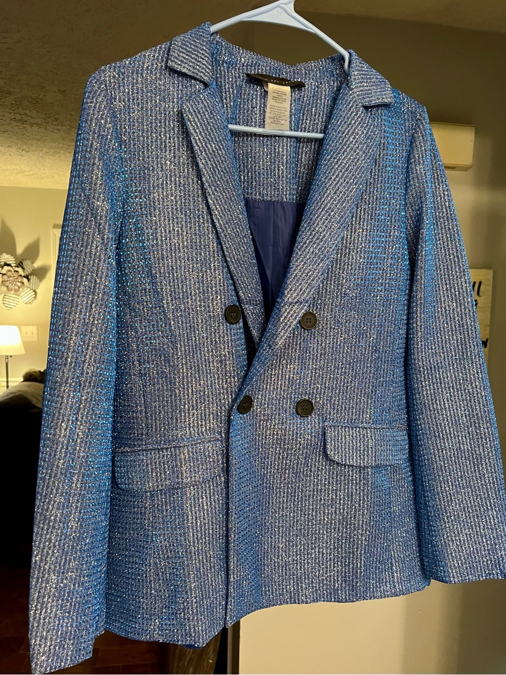 Know One Cares Buckle Blue Metallic Glitter Double Breasted Blazer